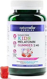 NatureWise Kids Melatonine 1 mg Gummies sans sucre pour les enfants de 4 ans et plus - Aide au sommeil sans habit - Aromatisé aux fraises - Vegan, Pas de gluten, Non-OGM - 90 Compte[3-Mois]
