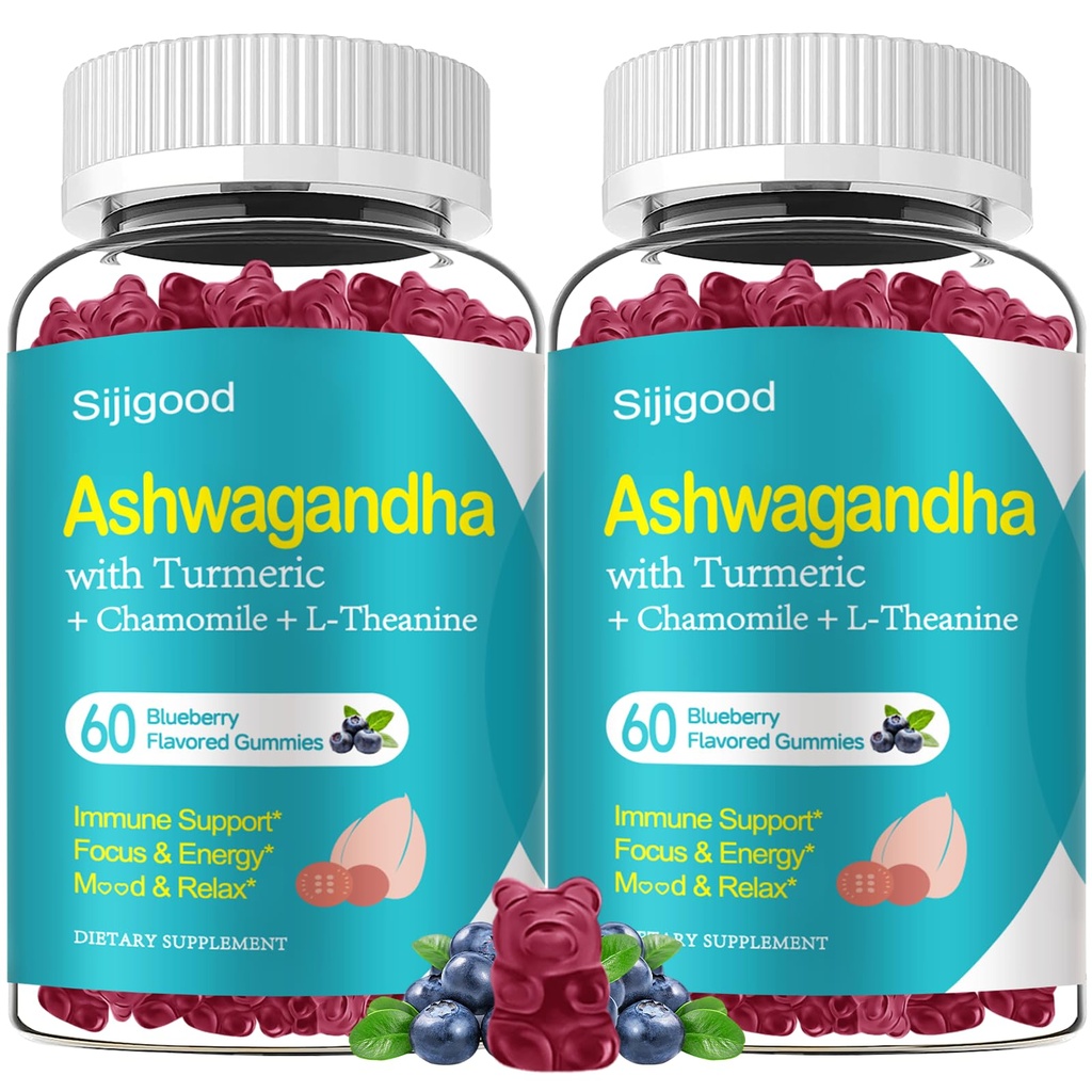 2 Pack Ashwagandha Gummies, Soutien à l'immunité, Relaxation, Calme Mood & Zzz, Suppléments Ashwagandha pour les hommes et les femmes, Flavor de bleuets naturels, 120 Comte