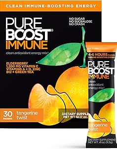 Pureboost Immune Clean Energy Booster, rafraîchissement du mélange de boisson énergétique et supplément d'immunité avec Elderberry, 1 200 mg de vitamine C, vitamines A + D et zinc. (Tangerine Twist, 30 comte)