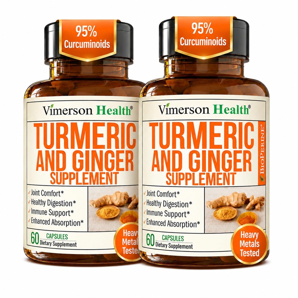 Kurkuma Curcumine Supplement met gemberwortel voor gezamenlijke ondersteuning, spijsvertering en Gut Health - Bevat organische Kurkuma Curcumine met zwarte peper (Bioperine) voor verbeterde absorptie - 60 capsules, 2 Pack