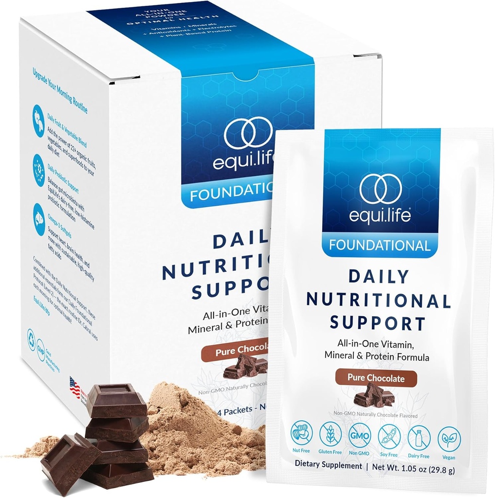 Equilife Daily Nutritional Support, All-in-One Multivitamine Maaltijd Vervanging, Pure Chocolate Smaak, 15G Plant Proteïne, Ondersteunt de algehele wellness Inclusief energie, spijsvertering, & huid, 14 Packets
