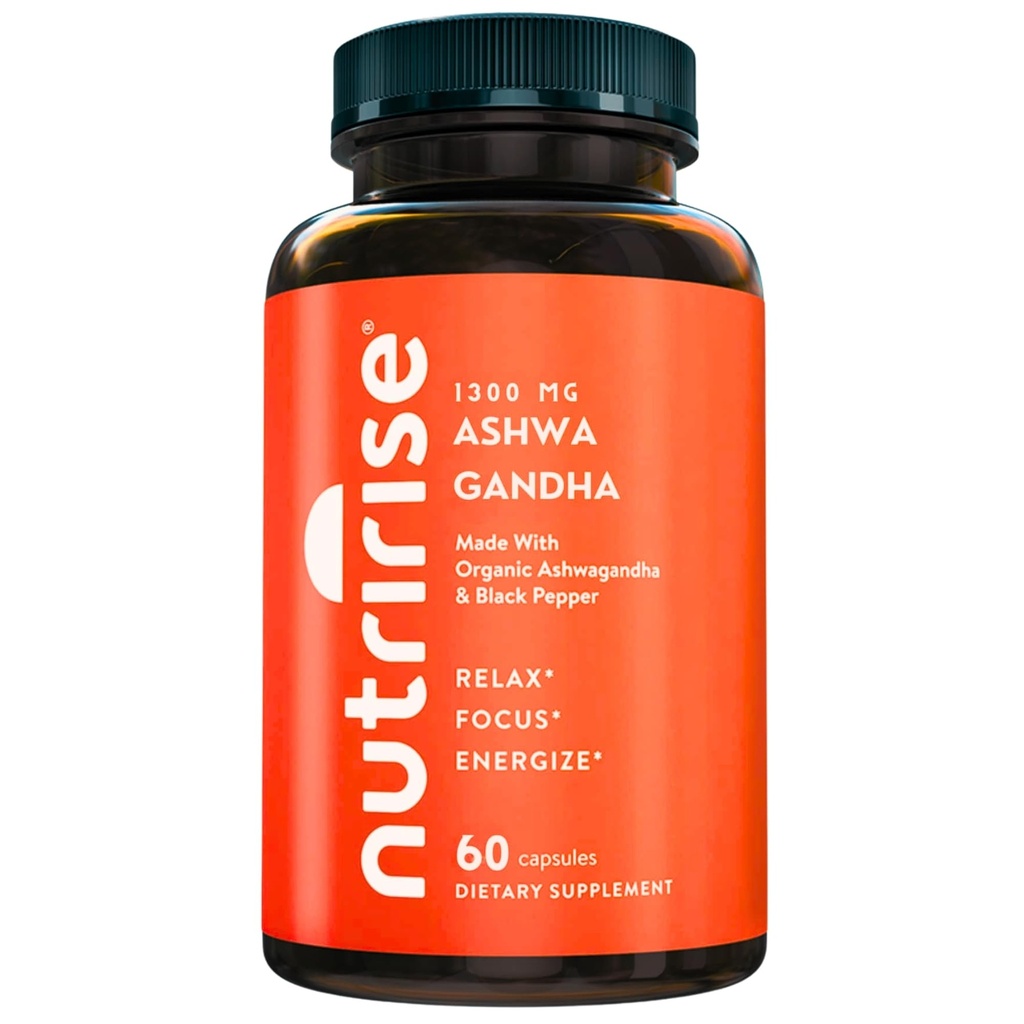 NutriRise Organic Ashwagandha Capsules de racines avec poivre noir, 1300mg, Stress naturel et l'humeur, Thyroïde et supplément de soutien immunitaire, Clarity, Focus & Energy, sans gluten, 60 Compte