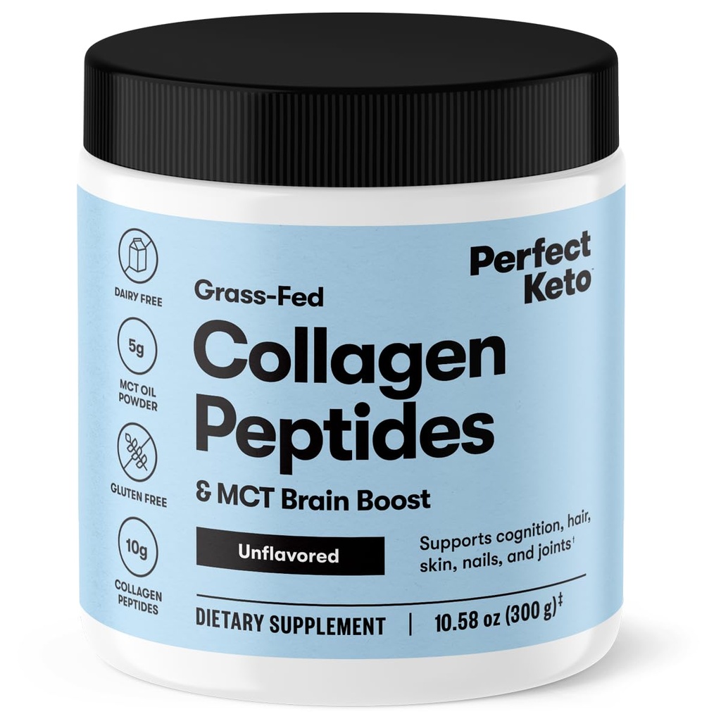 Perfect Keto Collageen Peptides Proteïne Poeder met MCT olie, Gehydrolyseerde Collageen, Type I & III Supplement, Glutenvrij, Gras Fed, Low Carb, Keto Coffee Creamer, Collageen voor vrouwen en mannen, Unflavored