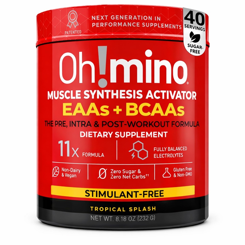 Oh!mino Essential Amino Acids Supplement. Tropical Splash, Stimilant-Free Powder. Alle 9 EAA's, BCAA's en de perfecte Amino voor workouts, Amino Energy, en om spieren te bouwen en sneller te herstellen.