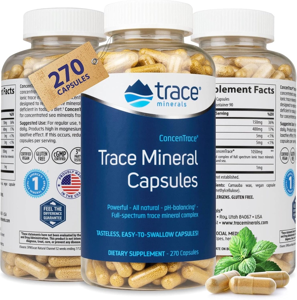 Trace Minerals Low-Sodium ConcenTrace Capsules - Supplement to Support Bone Health & Body Energy - Healthy Hydration & Electrolyte Support Supplement - 270 Capsules (90 porties)