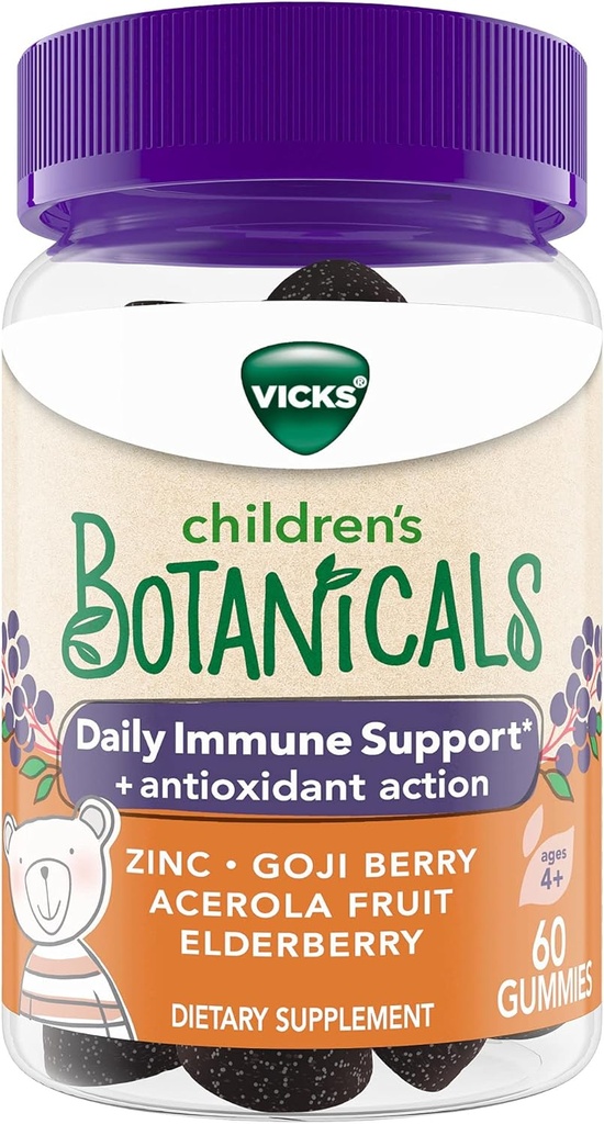 Vicks Children's Botanicals Daily Immune Support* + Antioxidant Action, Gummies, Made with Zink, Goji Berry, Acerola Fruit, and Elderberry, 60 ct