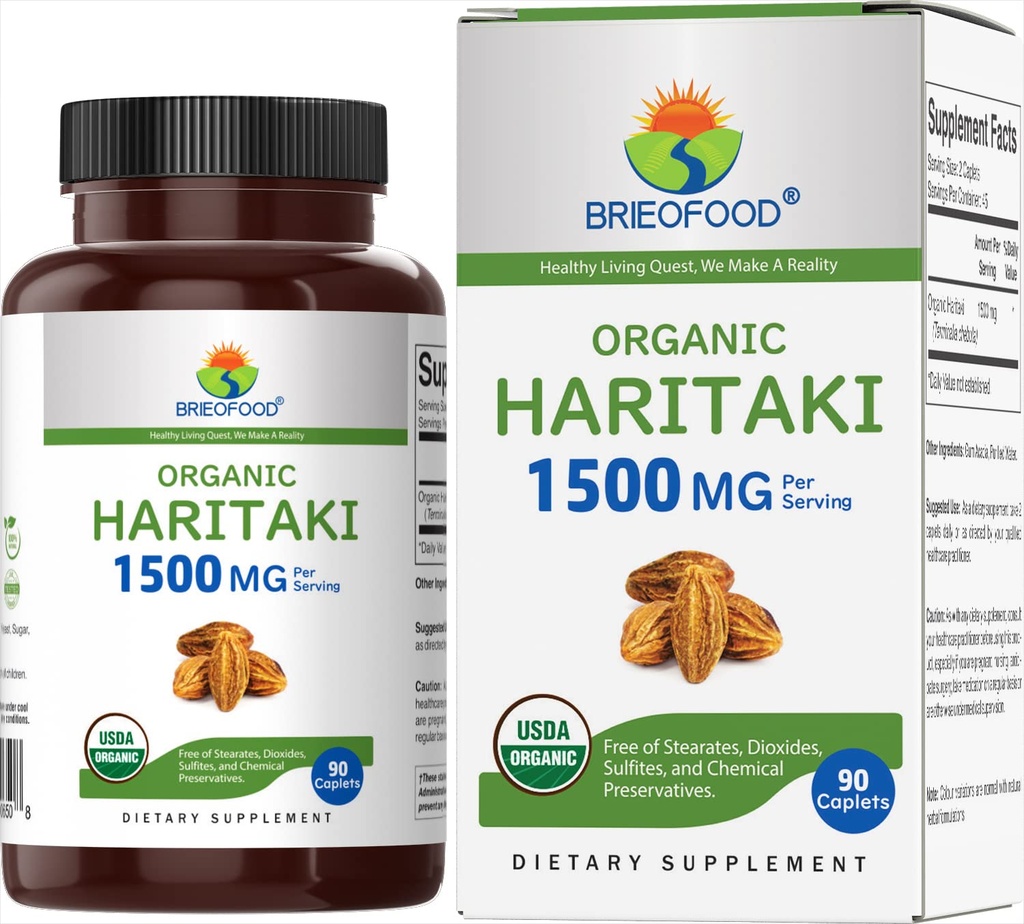 Haritaki biologique Brieofood 1500mg, 45 portions, végétarien, sans gluten, 90 comprimés végétariens