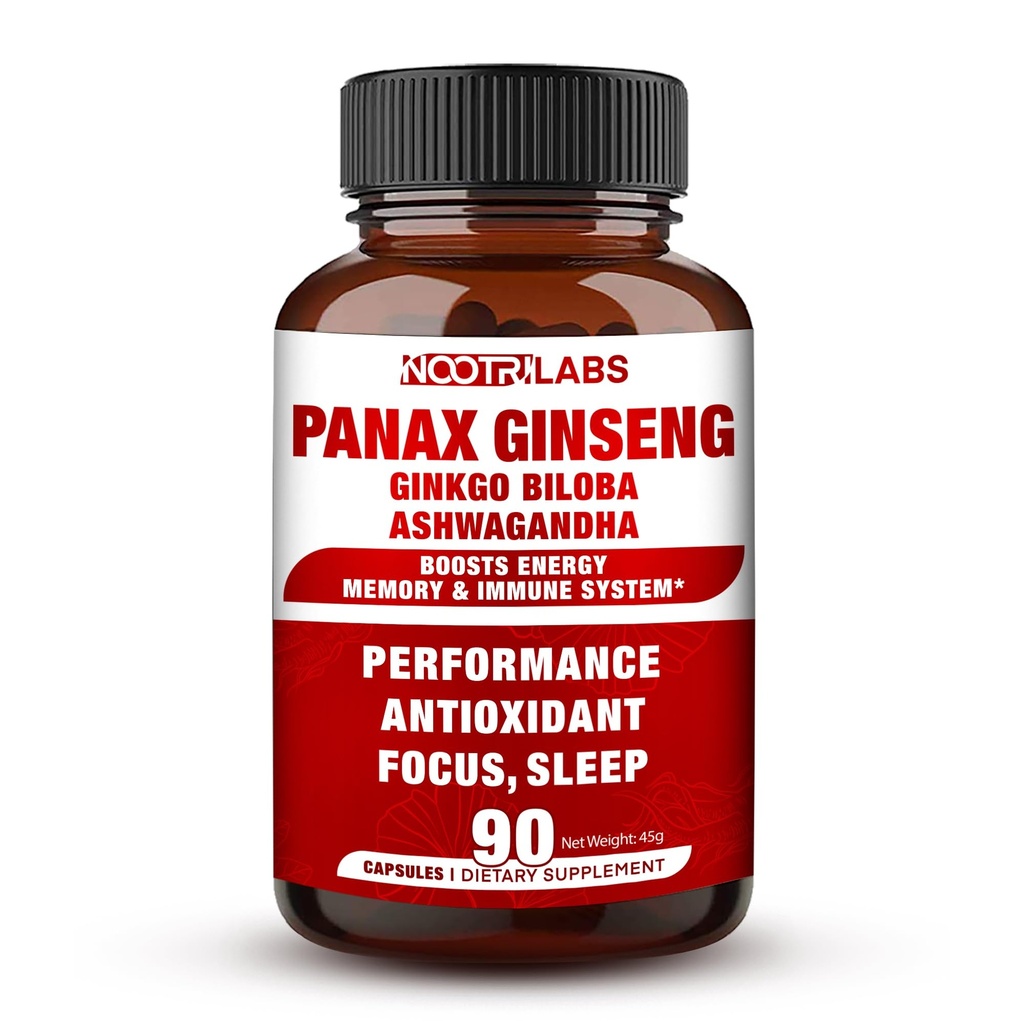 Panax rouge coréen Ginseng 750mg plus grande puissance avec Ginkgo Biloba et Ashwagandha, Boost Energy, Memory, et système immunitaire - Pills de supplément de focus pour les hommes et les femmes, 90 Capsules Vegan