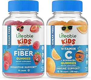 Fibres préciotiques sans sucre vivaces pour enfants + Vitamine C pour enfants, Gummies Bundle - Grande dégustation, supplément de vitamine, sans gluten, sans OGM, Gummy à croquer
