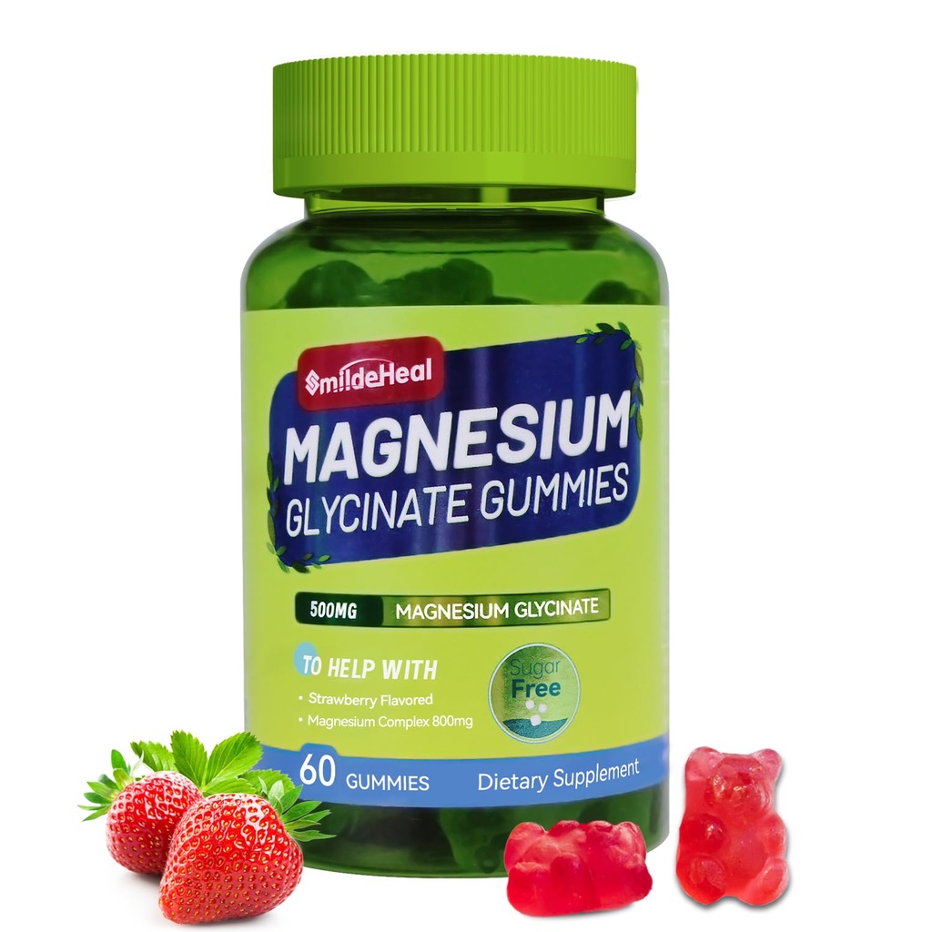 Magnesium Glycinate Gummies 500mg with L-Threonate 300mg - Sugar-Free Magnesium Potassium Supplement with Vitamin D, B6, CoQ10 - Strawberry Flavored - 60 Gummies