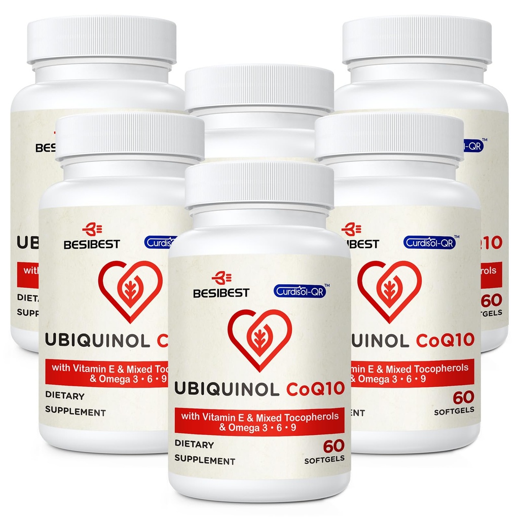 Ubichinol CoQ10-600mg-Softgel, Active Coq10 Ubichinol Supplement met Vitamine E & Omega 3, 6, 9, Hoge Absorptie-Co-enzym-Q10, Krachtige Antioxidant voor Energieproductie, Getest, 360 Tel.