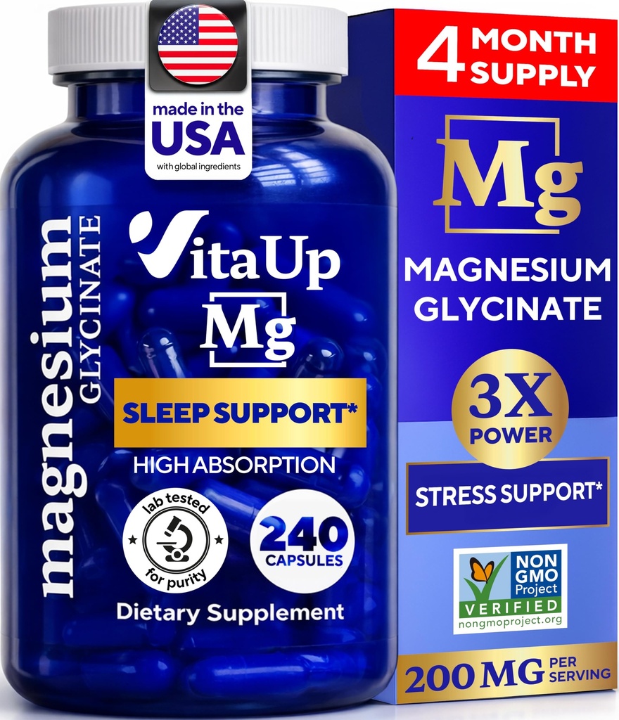 VitaUp Magnesium Glycinate 200mg - USA Made, Highly Absorbed, Non-GMO Magnesium for Relaxation, Deep Sleep, Bones & Heart - 200mg per Serving, 240 Vegan Capsules