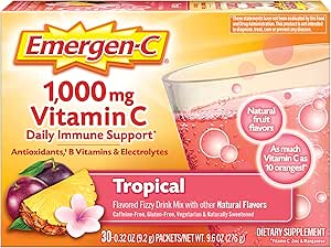 Emergen-C 1000mg Poudre de vitamine C, avec des antioxydants, des vitamines B et des électrolytes, suppléments de vitamine C pour le soutien immunitaire, mélange de boissons gazeuses sans caféine, saveur tropicale - 30 comte/1 mois d'approvisionnement