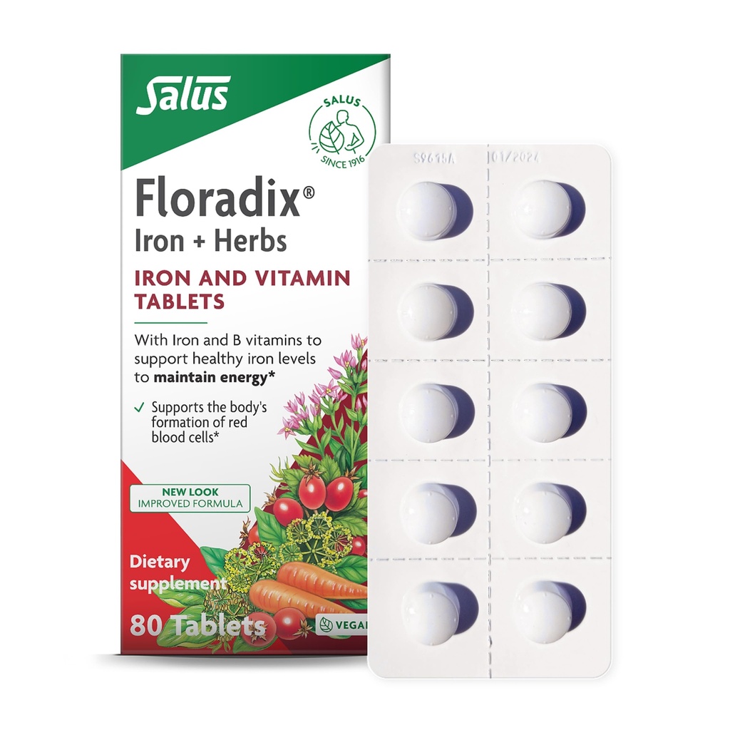 Floradix ijzertabletten - ijzersupplement met B-vitaminen, foliumzuur, vitamine C en meer - energiesteun - vegetarisch en glutenvrij - 80 tabletten (80 porties)