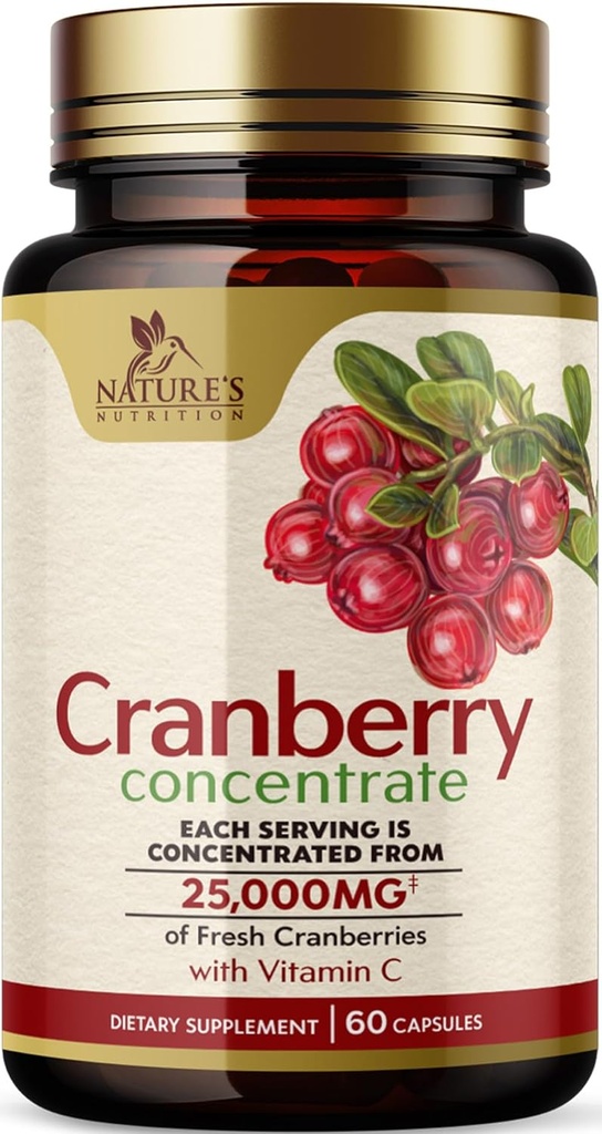 Pilules de canneberge Supplément 25 000mg - Équivalent de canneberge frais avec vitamine C et E - Urinary Tract Health Support, formule sans sucre, extrait de poudre de fruits - Non-OGM, mis en bouteille aux États-Unis - 60 Capsules