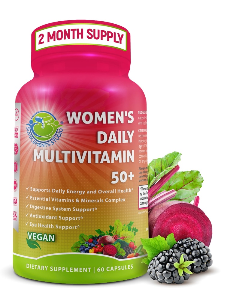 Multivitamine quotidienne 50 Plus - Multivitamine méthylée végane pour les femmes 50 et plus avec Biotine, Superfoods organiques et Lutéine - Eye, Energy, Gut & Optimal Health Support - Capsules faciles à avaler