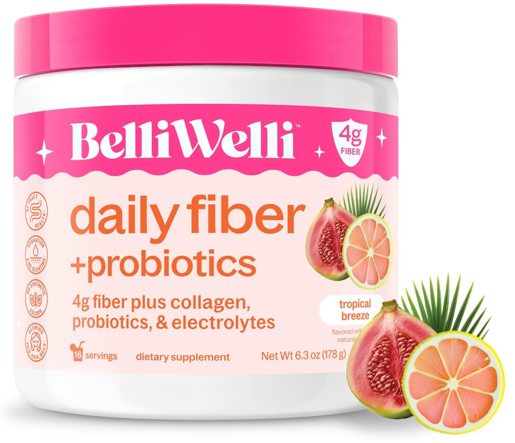 Supplément de fibre BelliWelli pour les femmes et les hommes – Poudre de fibre quotidienne premium de l'acacia biologique avec addition de collagène, d'électrolytes et de probiotiques – Pas de Bloat, Constipation et Gut Health Support (Tropical)