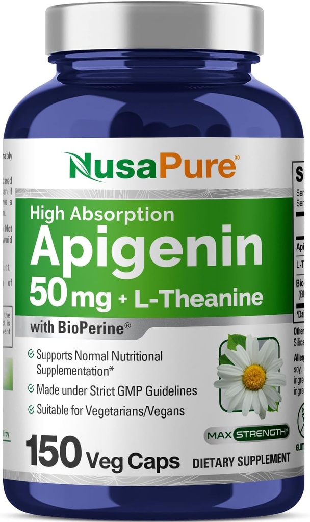 NusaPure Apigenin 50mg & L-Theanine 200mg, 150 Capsules de Véggie, Bioperine (non-OGM, sans gluten)