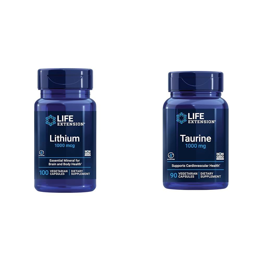 Levensverlengstuk Lithium 1000 mcg en Taurine 1000 mg - Hersengezondheid, Anti-Aging, Levensduur, Geheugen, Cognition, Mood, Hart, Lever, Spier en Oefenondersteuning - 100 Tellen