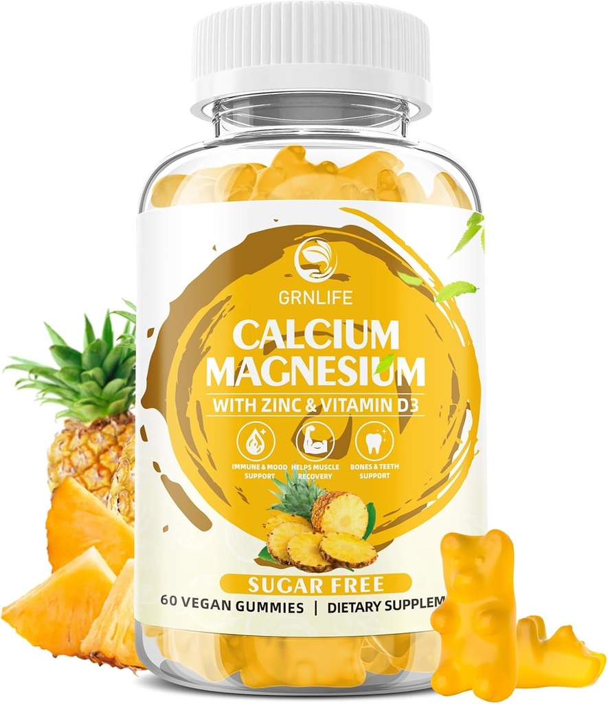 Calcium Magnesium Zink Gummies met Vitamine D3, Suikervrije Calcium Gummies voor Vrouwen Mannen, Hoge Potentie Magnesium Gummies voor Bot & Muscle & Immune Health, Ananas smaak - 60 Tel.