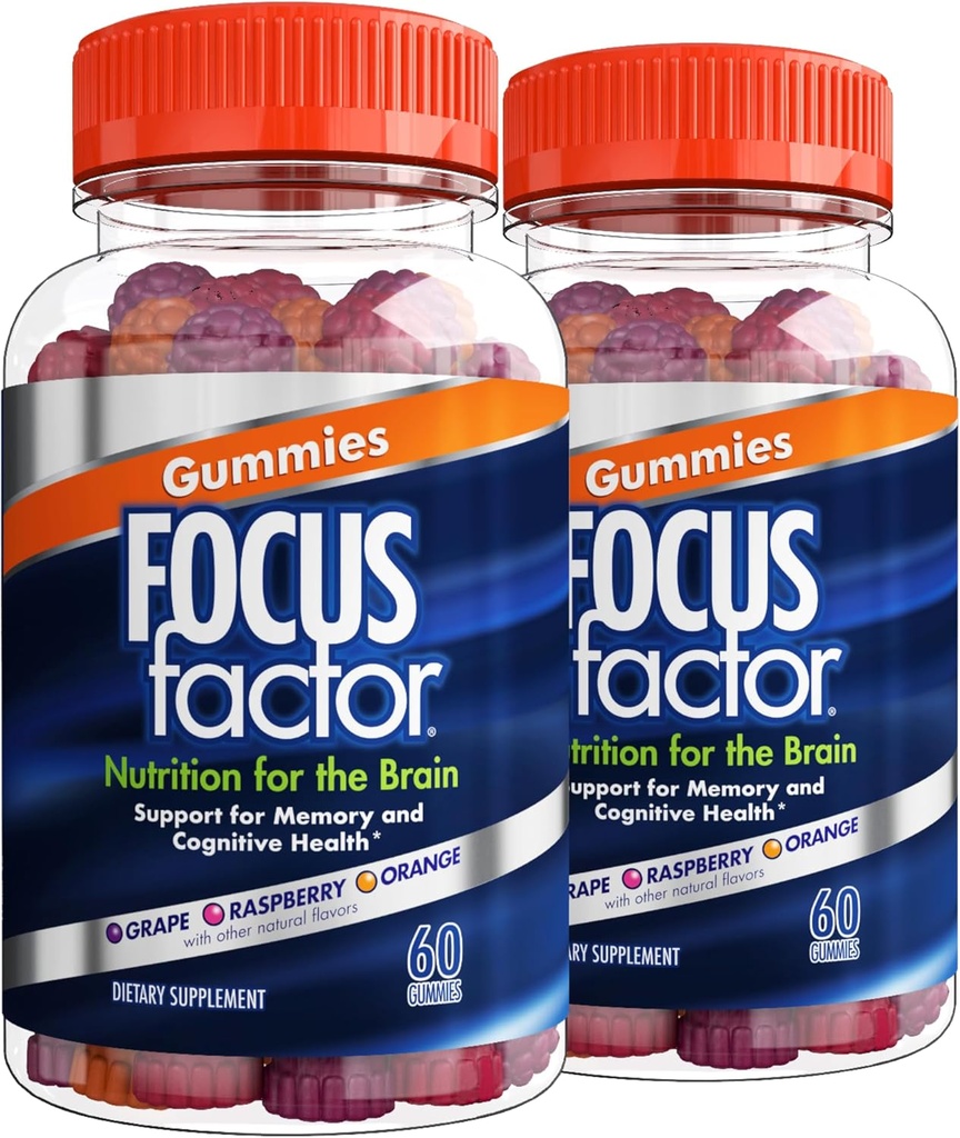 Focus Factor Nootrope Gummies, Geheugensupplement voor hersenen, Fosfatidylserine, Bacopa, Huperzine A, 60 Graaf, Pack of 2