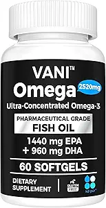 Pharmaceutique Omega 3 Huile de poisson, KD-PUR Premium Allemagne Huile de poisson Suppléments 2520mg avec EPA & DHA- soutient cerveau, coeur et immunité (60 Softgels)