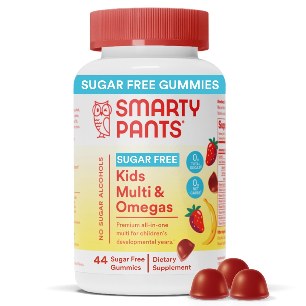 SmartyPants Kids Multivitamine Gummies, Sugar Free: Omega 3 (ALA), Vitamine D3, C, Vitamine B12, B6, A, K & Zink voor Immune Support, Biotin, Erytritol Free, Aardbei Banana, 44 Tellen (22 dagen levering)