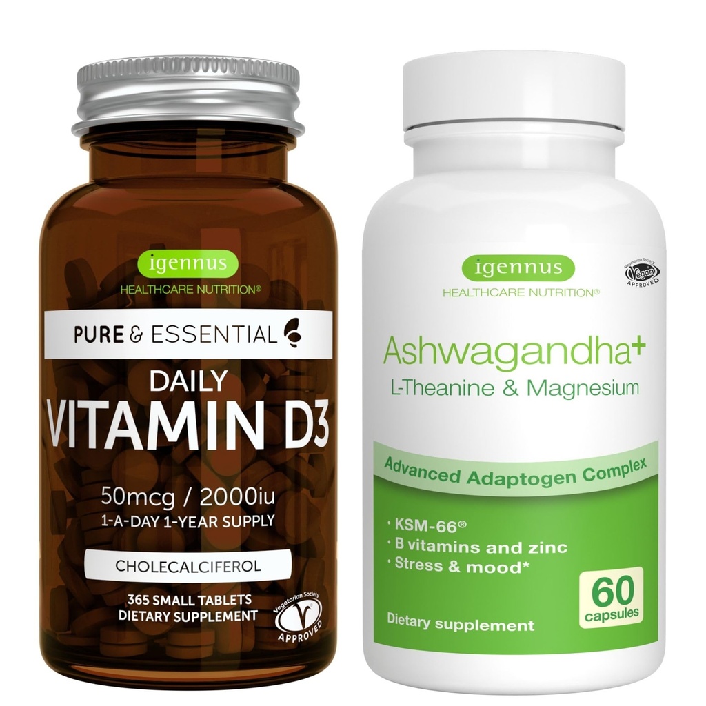 Vitamine quotidienne D3 + Ashwagandha+ L-Theanine & Magnésium Végétarien Bundle, 365 2000iu Vitamine D3 Comprimés + 600mg KSM-66 Ashwagandha avec des vitamines Zinc & B, par Igennus