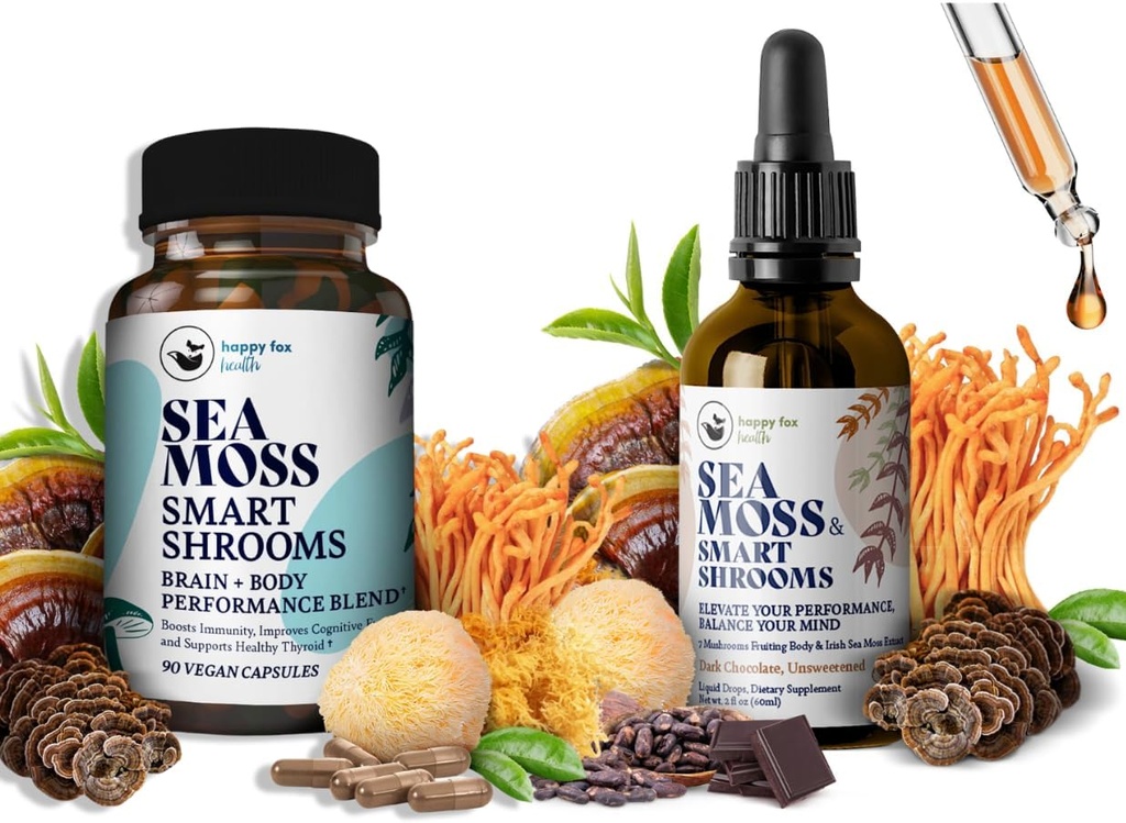Hersen Superfoods Bundle - Biologische Zee Mos & Smart Shrooms, Capsules en Liquid Drops Bundle, Biologische Ierse Zeemos en 7 Adaptogene Supplementen voor Geheugen en Focus. Vloeibare druppels in chocolade smaak