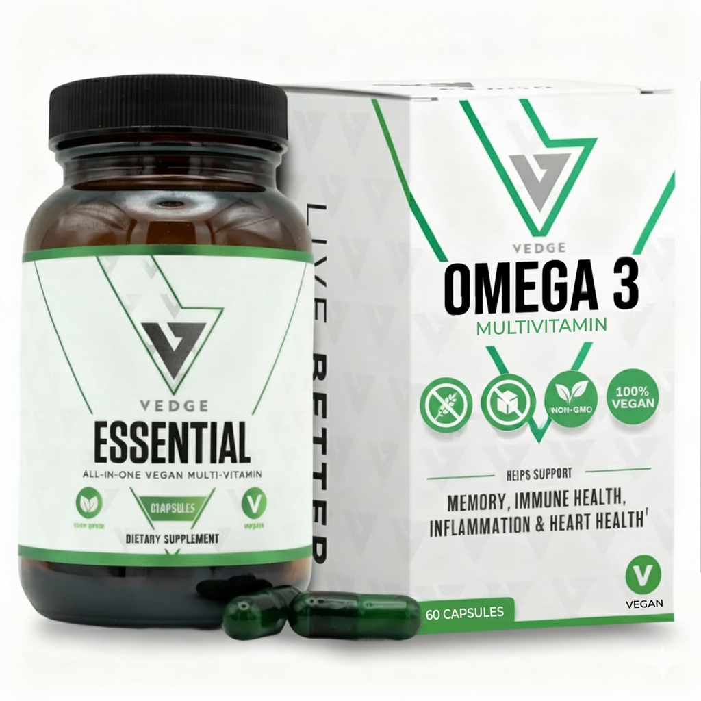 Vedge Vegan Omega 3 Multivitamine pour les femmes et les hommes – Algal EPA & DHA à base végétale + vitamine B12, vitamine D, K2, magnésium, zinc et sélénium – 30 jours d'approvisionnement – Non-OGM, sans gluten, fabriqué aux États-Unis