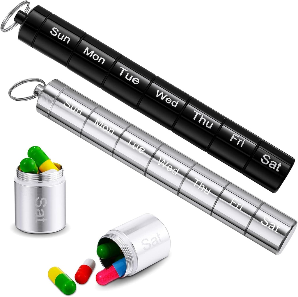 Vesici 2 Pack Metal Weekly pil Organizer Travel Pill Container met Keychain 7 Dag Weekly Waterdichte Kleine Capsules Houder Case Box Stapelbaar voor Vrouwen Mannen reizen Outdoor(Zwart, Zilver)