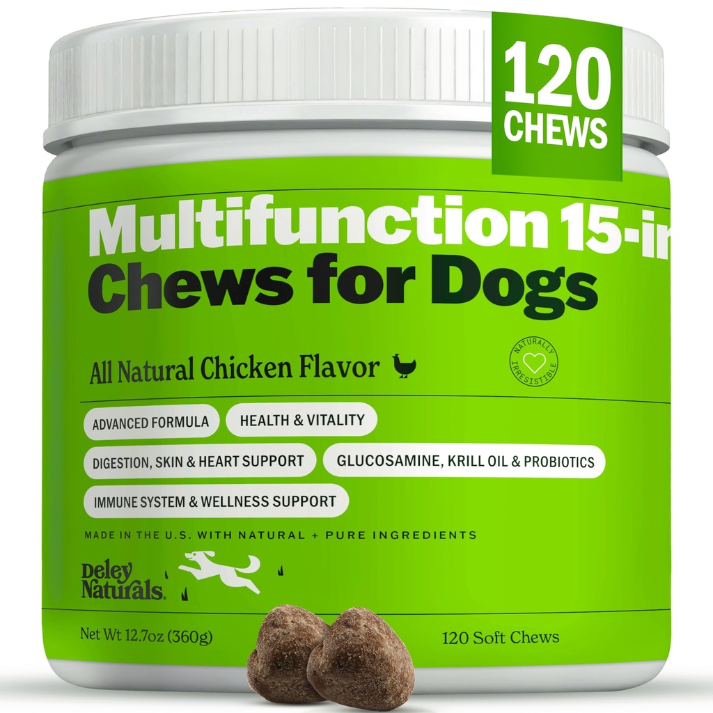 Deley Naturals 15 in 1 Multivitamine voor honden - Complete hondenvitaminen en supplementen voor Immune Ondersteuning, Gezamenlijke, Huid, Vertering, Hart & Algemene Gezondheid - Dagelijkse Multifunctionele Supplementen - 120 Kauwen