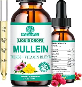 Gouttes de Mullein pour les poumons, extrait de feuille de Mullein biologique avec/Elderberry Echinacea gouttes pour la santé pulmonaire Teinture de feuille de Mullein sans alcool - Détox pulmonaire pour fumeur Sinus Immunité et soutien respiratoire