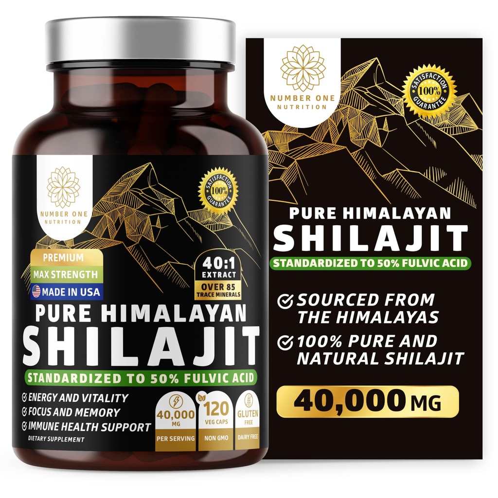 Pure Himalayan Shilajit Supplement for Men and Women, [40 000MG, Max Strength] Contient 50% d'acide fulvic avec plus de 85 minéraux traces pour soutenir l'énergie, le cerveau et l'immunité, 120 Veg Caps