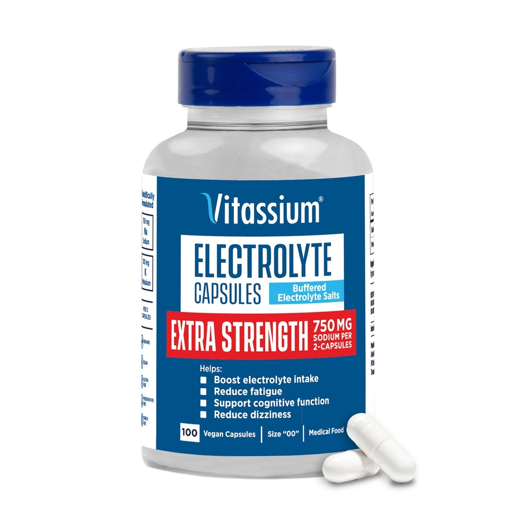 Vitassium Extra sterkte Electrolyte Capsules, 750 mg natrium voor het beheer van POTS en hoge natriumdieten, Unflavored, 100 zoutpillen (maat 00)