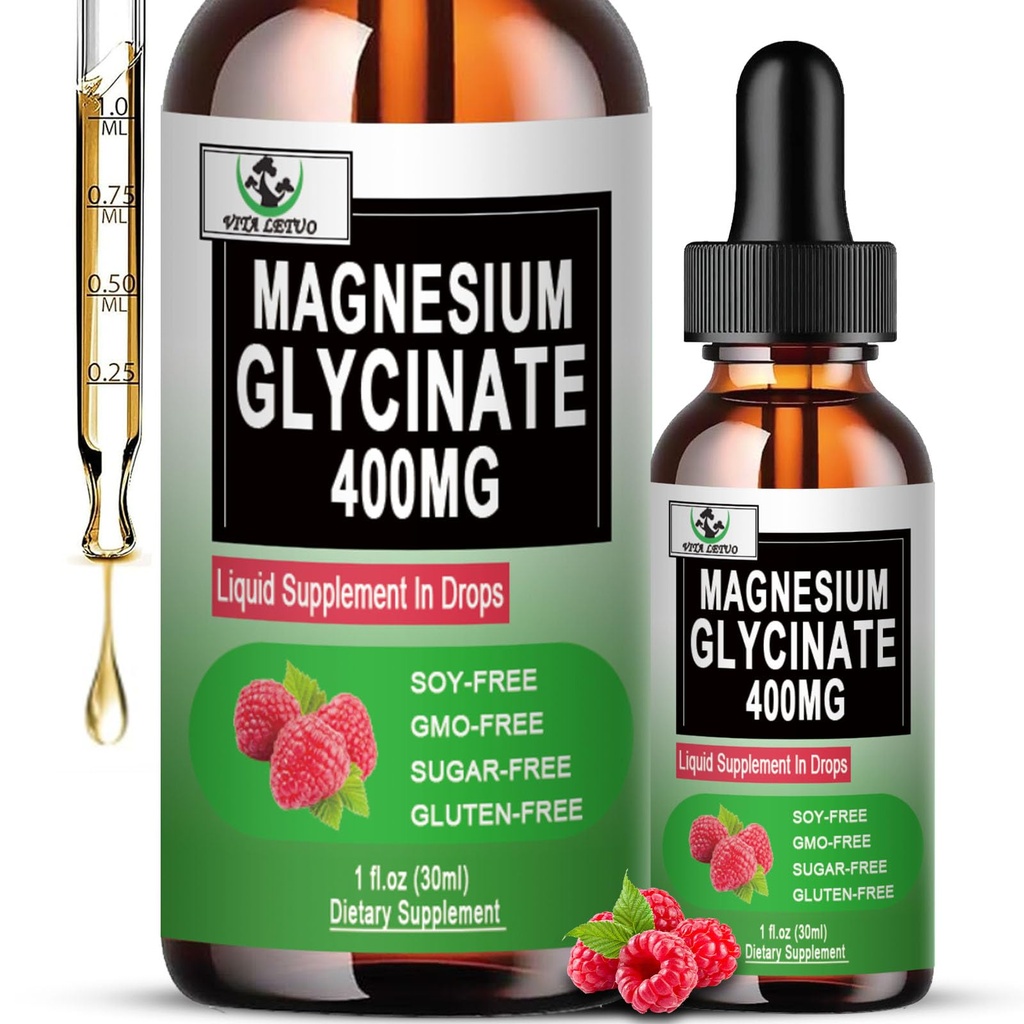 Magnesium Glycinate Liquid Drops, Pure Magnesium Glycinate 400mg voor bot, 6X Hoge Absorptie Liquid Magnesium Supplement, Vegan, Non-GMO, Gluten-Free 
