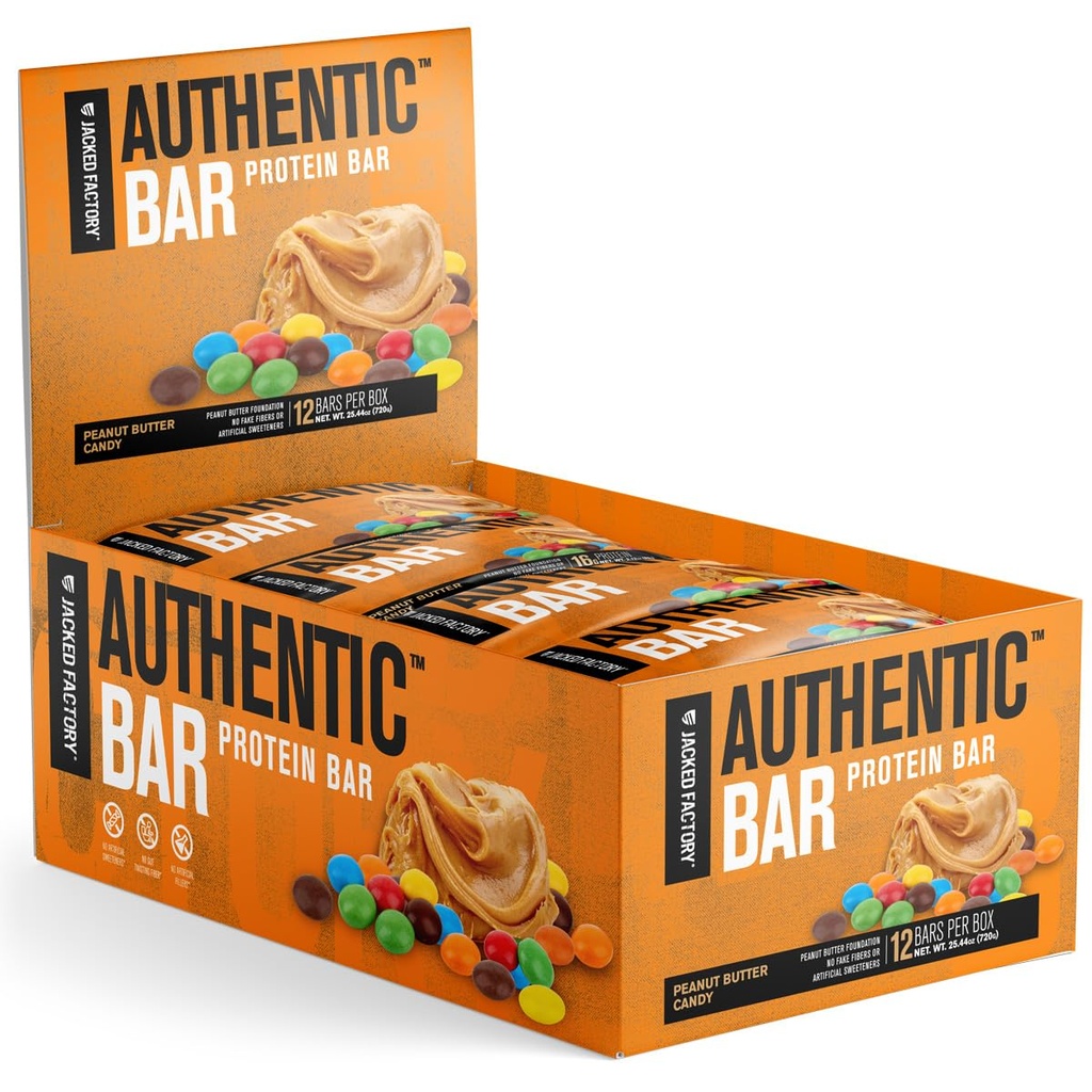 Jacked Factory Authentic Bar Peanut Butter Candy Protein Bars - Tasty Maaltijd Vervanging Energie Bars w/16g Wei Proteïne Isolaat, Natuurlijke Suikers van Pure Honing, Gezond vet - 12 Pack
