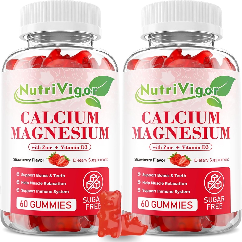 Calcium Magnesium Zink Gummies met hoge absorptie Magnesium 300mg, Calcium Supplement met D3 voor bot, spieren & Immune Ondersteuning voor kinderen & volwassenen, aardbeien smaak, 120 Tellen