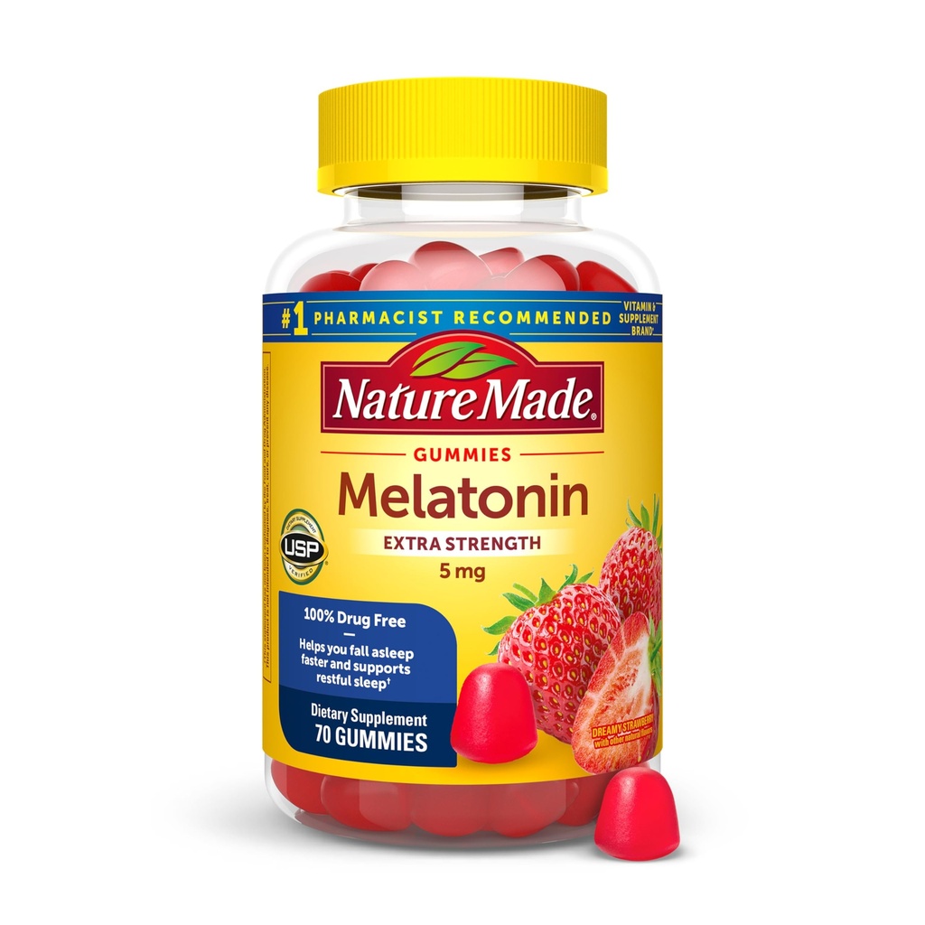 Nature Made Melatonine 5mg Adult Melatonine Gummies, 100% Drug Gratis Slaaphulp, 70 Gummies, Extra Strength Nature Made Melatonine