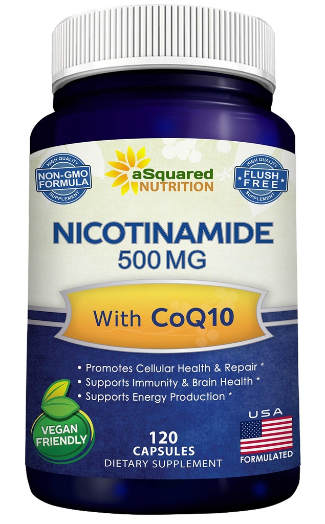 Nicotinamide met CoQ10 (120 capsules) - Vitamine B3 500 mg (Niacinamide Flush Free) - Co-enzym Q10 Powder - VIT B-3 & Coq 10 Supplement Pillen ter ondersteuning van energie, NAD, & Skin Cell Health