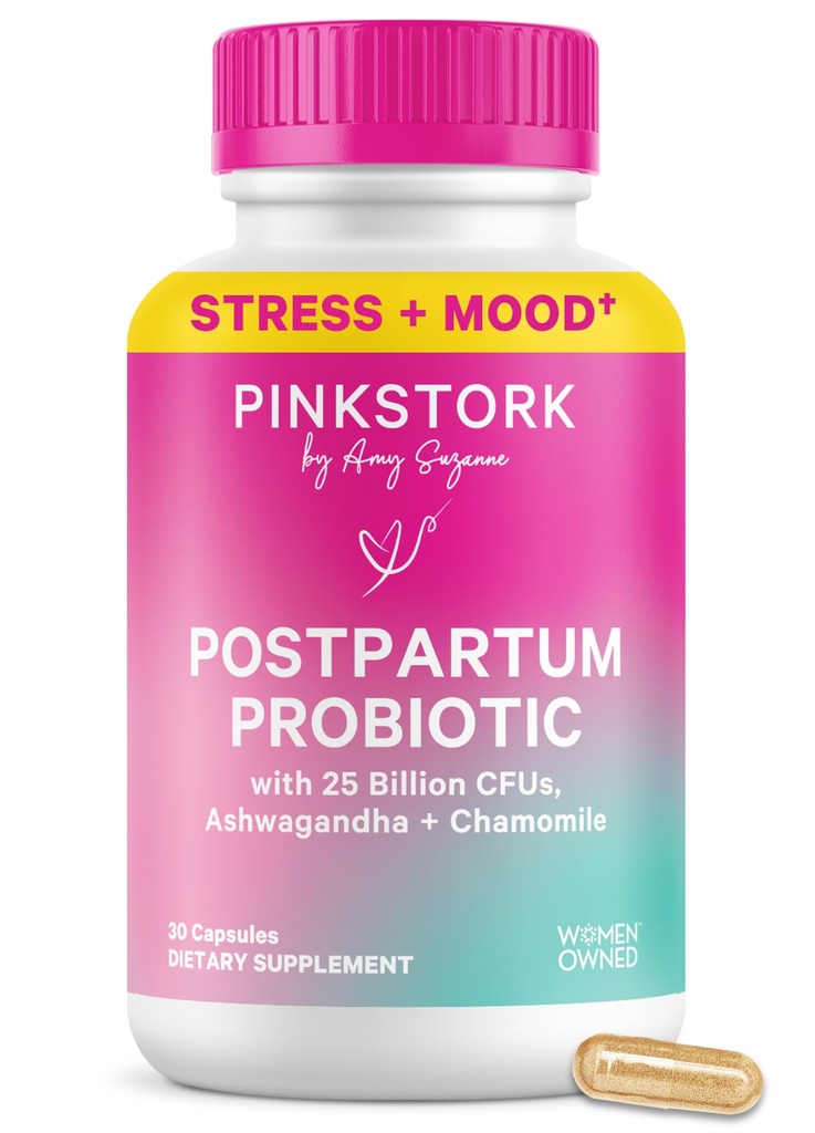 Pink Stork Probiotica voor postnatale vrouwen - 30 miljard CFUS met Ashwagandha en kamille, Postpartum Essentials voor Hormone Balance, Mood Support, Gut Health, Digestieve Wellness, 30 Capsules
