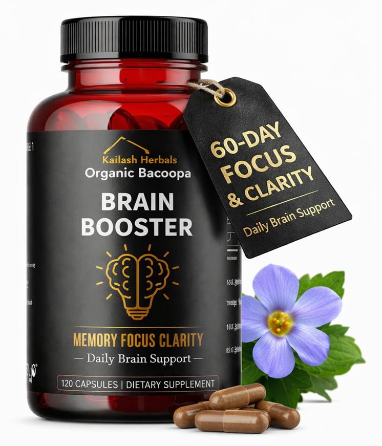 Bacopa, Booster Brain Organique, Supplément Brain Nootropique, Bacopa Monnieri/Brahmi, pour la Sharpness Mentale, Focus, Mémoire et Bien-être Cognitif, 120 Capsules 500mg, 2 mois d'approvisionnement