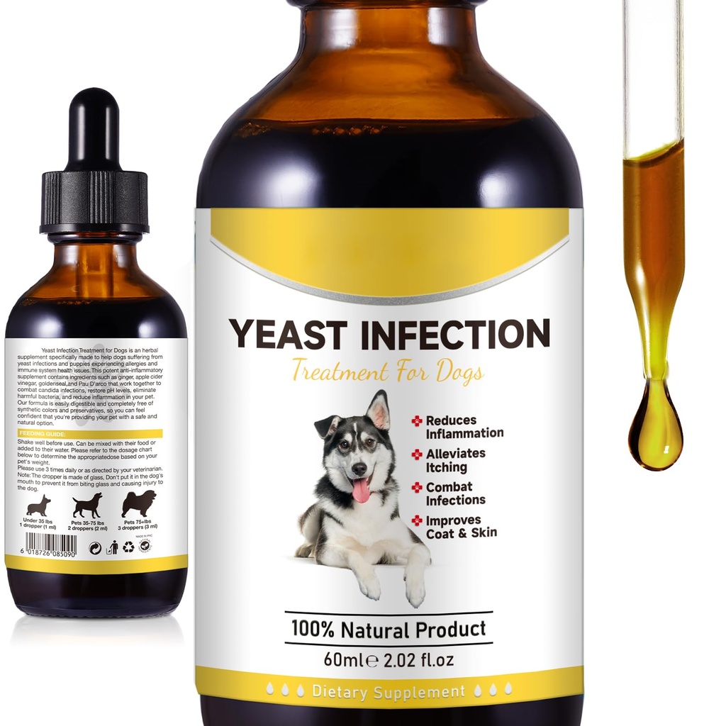 Traitement naturel de l'infection des levures pour chiens, traitement de l'infection des oreilles des chiens, soulagement de l'allergie des chiens, aide à soutenir le soulagement des démangeaisons, soulagement de l'inflammation et plus encore, traitement de l'infection des oreilles pour chiens - 2 fl oz