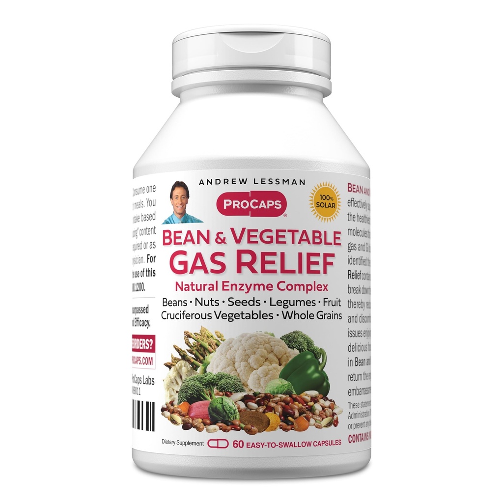 ANDREW LESSMAN Bean en plantaardige Gas Relief 60 Capsules - Natural Enzyme Complex Vermindert gas, opgeblazen uit Bonen, Crucifer groenten, vruchten, granen en andere voedingsmiddelen. Voorzichtig en effectief