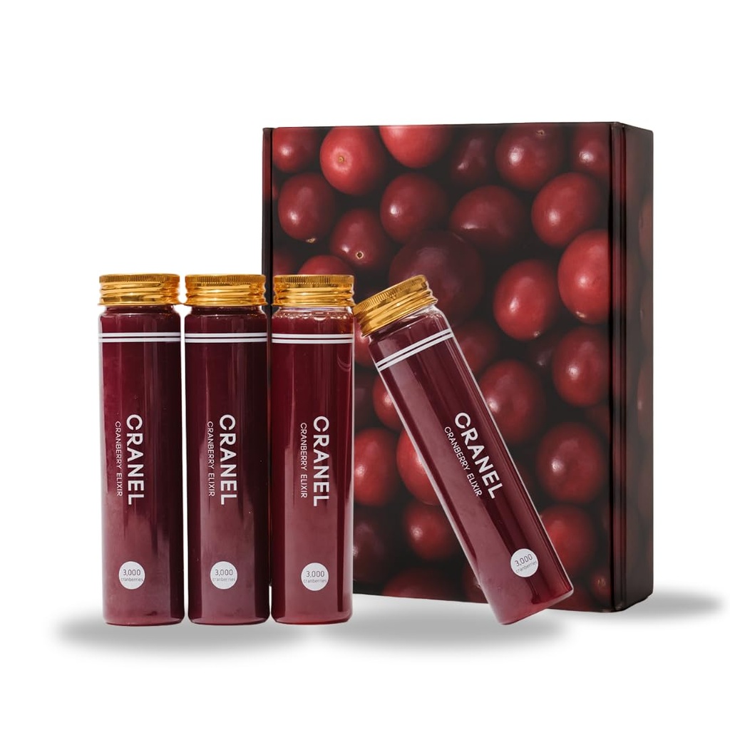 CRANEL UTI Support Cranberry Elixir, 4X Bouteilles (Approvisionnement mensuel) cliniquement prouvé et sans antibiotiques, emballé avec 3000 vraies canneberges (Tart Taste) végétalien et non-OGM, Zéro sucre ajouté