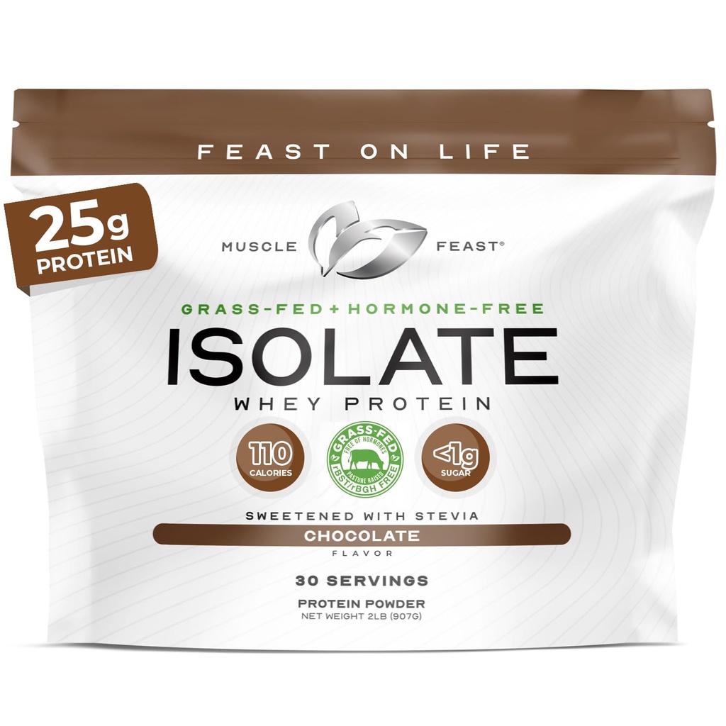Muscle Feast Grass-Fed Wei Proteïne Isolaat, Alle Natuurlijke Hormone Gratis Pasture Verhoogd, Wei Isolaat Proteïne Poeder voor mannen en vrouwen, Schoon, Glutenvrij, Heerlijk Isolaat Proteïne - Chocolade, 2lb