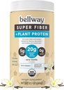 Bellway Super Fiber + Proteïne Poeder, Suikervrije Biologische Psyllium Husk Fiber Supplement Poeder met 20g Plant Proteïne Per Serving, Zeer Vanille, 12.7 oz