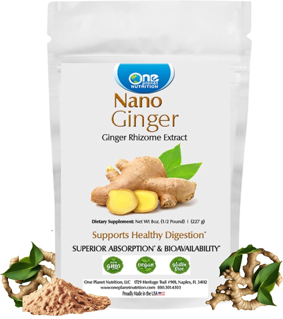 One Planet Nutrition Nano Ginger Root Powder 8 oz (227 portions), extrait de racine de gingembre, Nano pour absorption supérieure, améliore la santé digestive, sans excipient, sans OGM, végétalien, sans gluten