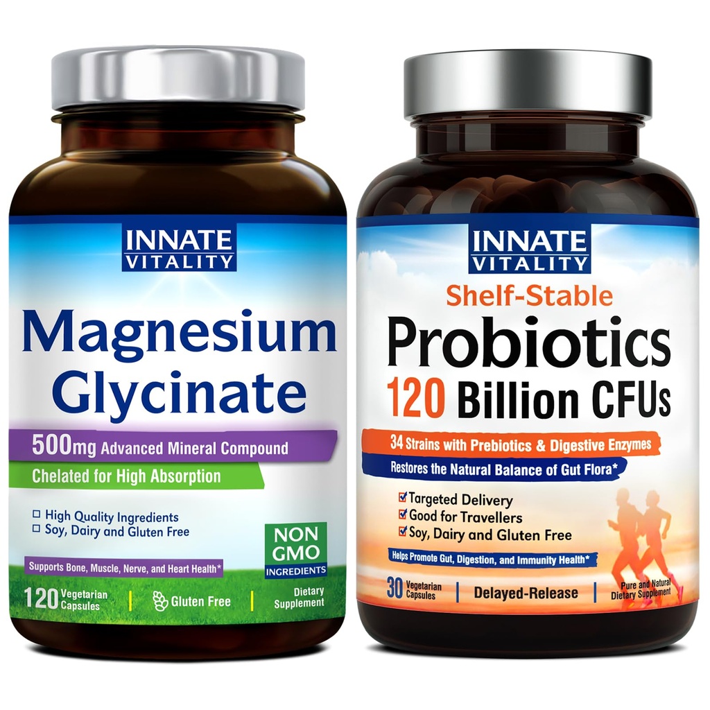 Aangeboren vitaliteit Magnesium Glycinate & Probiotica 120 Miljard Bundle, Non-GMO, No Gluten Dairy Soy & Vegan, Magnesium (120 Caps) & Probiotic (30 Caps)