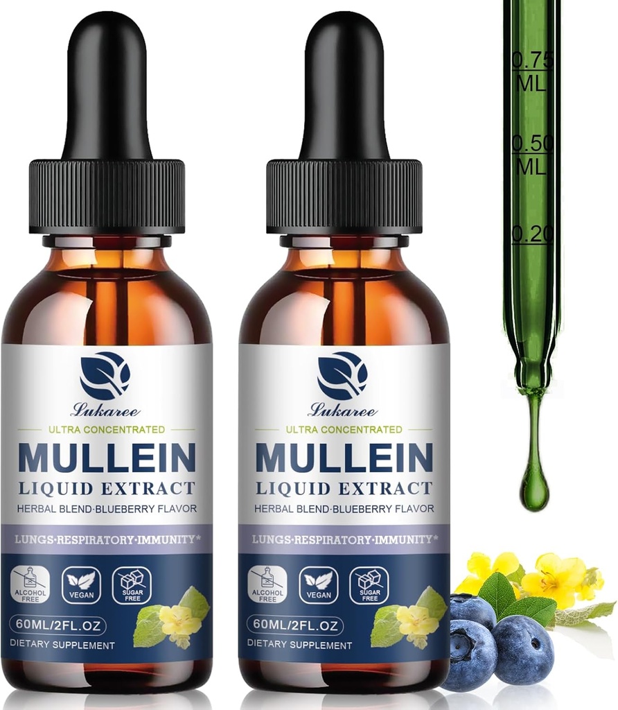 Mullein druppels voor longen, Long Detox & Cleanse, Vegan Mullein Leaf Extract Tinctuur met Chlorofyl Vlierbessen, etc, Natuurlijke Kruidensupplement voor ademhaling, Immune, 60 Servers